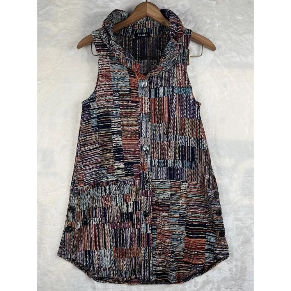 Damee Button Up Top Sz PS Blouse Tunic Artsy Multicolor‎ Collared Boho Preppy